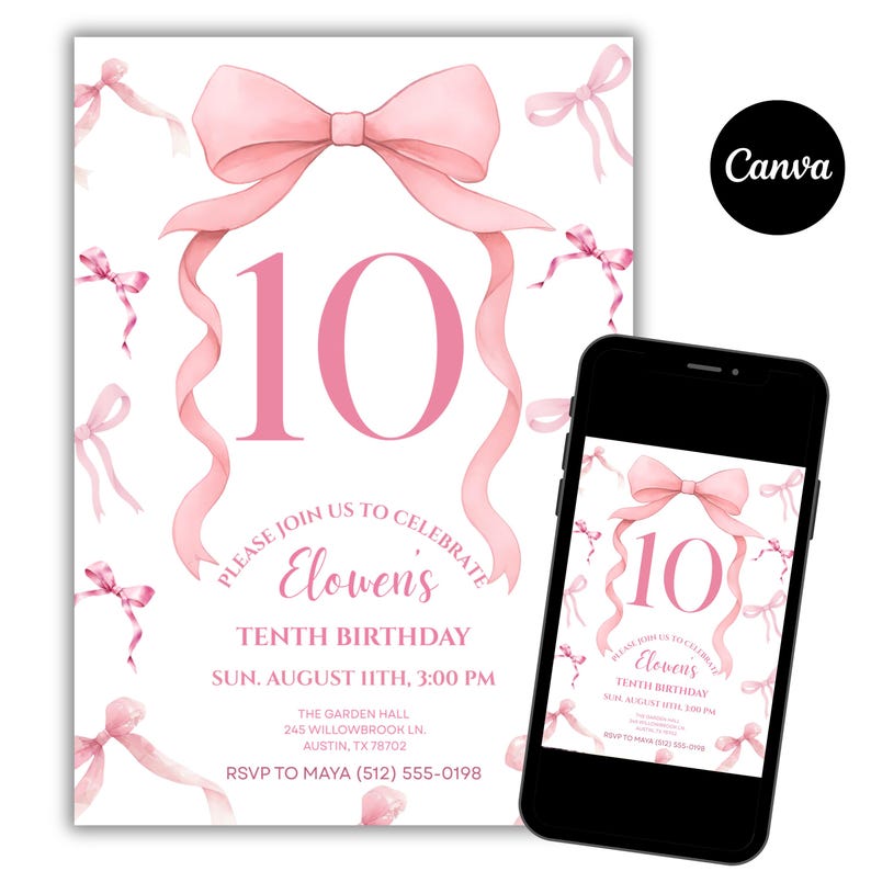 Puede incluir: Una invitaci&oacute;n de cumplea&ntilde;os rosa con un gran n&uacute;mero 10 y un dise&ntilde;o de lazo. La invitaci&oacute;n incluye el texto "&Uacute;nase a nosotros para celebrar el d&eacute;cimo cumplea&ntilde;os de Elowen" y los detalles del evento. Un tel&eacute;fono inteligente muestra la misma invitaci&oacute;n.