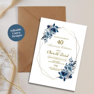 May include: An invitation for a 40th anniversary celebration. The invitation features a gold geometric frame and blue floral accents. The text reads "Olivia & Dainel" and includes event details. A brown envelope is in the background.