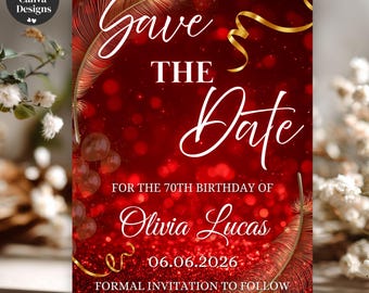 Red Shiny Save the Date Birthday Invitation, Elegant Digital Dinner Announcement, Editable Canva Template with Instant PDF Download