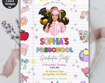 Editable Preschool Graduation Invitation, Pre-K Grad Party Invite, Class of 2026 Preschool Canva Template for Kids Graduation Celebration