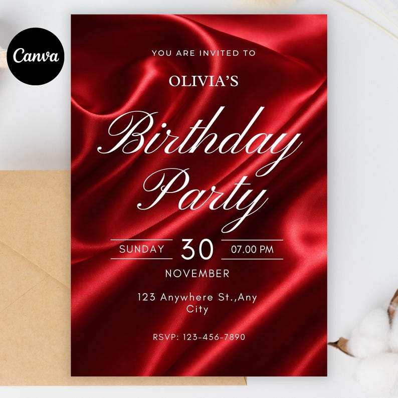 Op de afbeelding: Een rode verjaardagsfeestuitnodiging met witte scripttekst. De uitnodiging bevat de tekst "Olivia's Birthday Party", datum, tijd en RSVP-informatie. De achtergrond heeft een zijdeachtige textuur.