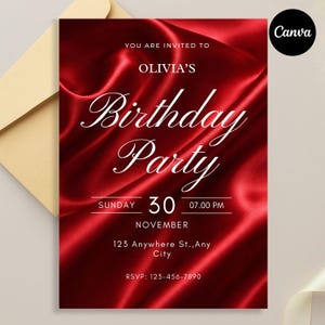 Op de afbeelding: Een rode verjaardagsuitnodiging met satijn-effect en witte tekst. De uitnodiging luidt "Olivia's Birthday Party" met de datum, tijd en RSVP-informatie. Een gouden envelop staat op de achtergrond. Het Canva-logo staat rechtsboven.
