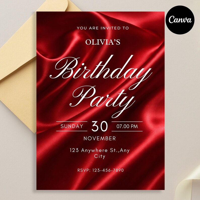 Op de afbeelding: Een rode verjaardagsuitnodiging met satijn-effect en witte tekst. De uitnodiging luidt "Olivia's Birthday Party" met de datum, tijd en RSVP-informatie. Een gouden envelop staat op de achtergrond. Het Canva-logo staat rechtsboven.