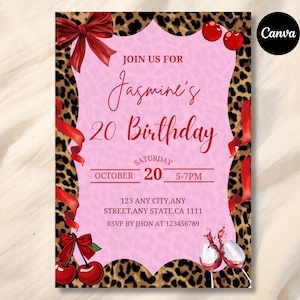 Invitación editable de cumpleaños número 20 con estampado de leopardo rosa, plantilla de fiesta con estampado de guepardo, invitación de cumpleaños glamurosa con estampado animal, descarga digital en Canva.