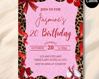 Editable Pink Leopard 20st Birthday Invitation, Cheetah Print Party Template, Glam Animal Print Birthday Invite, Digital Canva Download