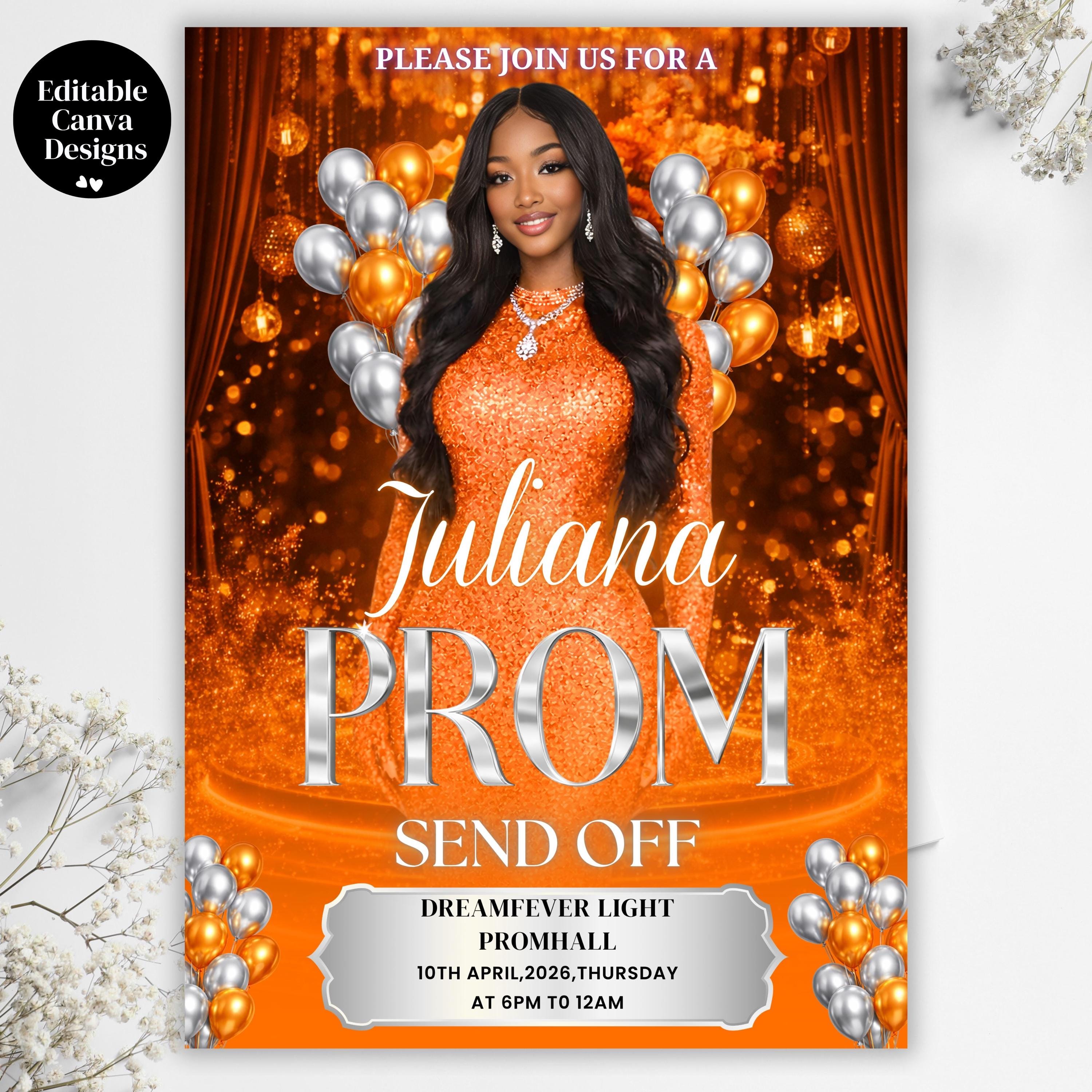 Prom Invi Digital Prom Send off Invitation, Orange Editable Canva Template for ...