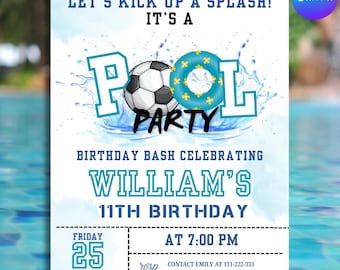 Invitación editable para fiesta de cumpleaños en la piscina con temática de fútbol, fiesta infantil de fútbol, celebración de fiesta en la piscina, diseño imprimible en Canva, descarga digital.