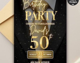 Mens Black & Gold 50th Birthday Invitation, Editable Evite Template, Modern Digital Party Invite, Instant Download for a Stylish Celebration