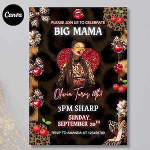 May include: An invitation card with a leopard print design, featuring the text "BIG MAMA" and "Olivia Turns 20th!" The card also includes the details "3PM SHARP, SUNDAY, SEPTEMBER 20th." Embellishments include cherries and a high-heeled shoe.