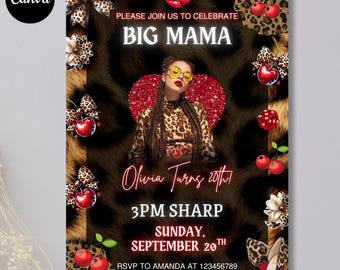 Editable Big Mama Cheetah Print & Cherry Girls Night Birthday, Red Black Print Invite, Cherry Leopard Big Mama Bday Invitation, PDF Download