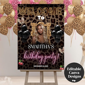 Letrero de bienvenida de cumpleaños con estampado de guepardo, póster editable de fiesta con estampado de leopardo y cerezas, plantilla imprimible, fiesta de cumpleaños, plantilla de Canva, fiesta nocturna.
