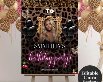 Cheetah Birthday Welcome Sign, Editable Leopard Cherry Party Poster, Printable Template, Birthday Party, Canva Template, Night Party