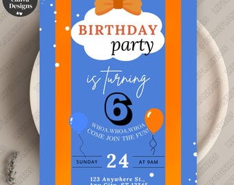 Orange And Blue Birthday Invitation, Printable Birthday Party Invite for Kids, Canva Template, Bow Tie And Balloons, Digital Download