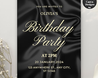 Editable Black & Gold Birthday Party Invitation, Men's Modern Digital Evite, Customizable Template for Digital Download