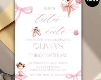 Editable Tutu Cute Birthday Invitation, 2nd Birthday Ballerina Party Invite, Pink Tutu Girl Birthday, Digital Canva Invite