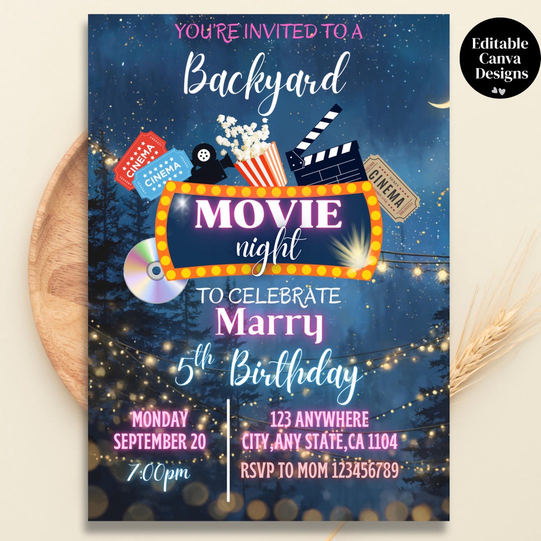 Movie Night Editable Birthday Invitation, Pink Film Party Template ...
