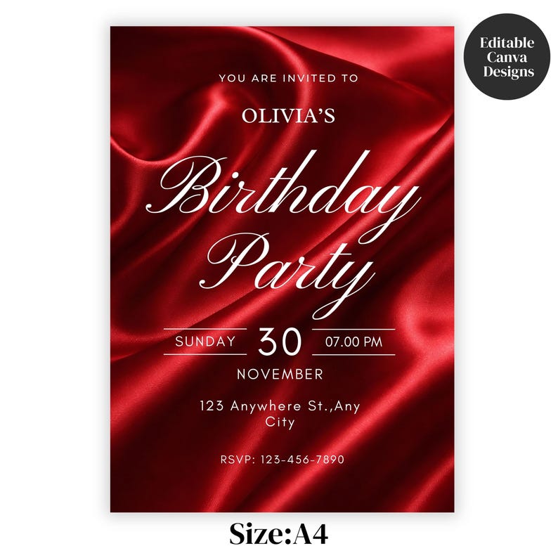 Op de afbeelding: Rode verjaardagsfeest uitnodiging met satijnen textuur. De uitnodiging luidt "Je bent uitgenodigd voor Olivia's verjaardagsfeest" in elegant wit schrift. Details: datum, tijd en locatie. Formaat A4.