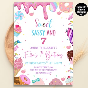 Inbjudan till söt och fräck födelsedag för sju, redigerbar pastellfärgad godis- och dessertfestmall, inbjudan till 6-årsfödelsedagsflicka, utskrivbar Canvas-nedladdning