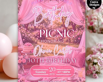 Uitnodiging voor verjaardagsfeestje moderne picknick, bloemen picknick afdrukbare uitnodiging voor feest, volledig bewerkbare canvassjabloon, instant digitale download