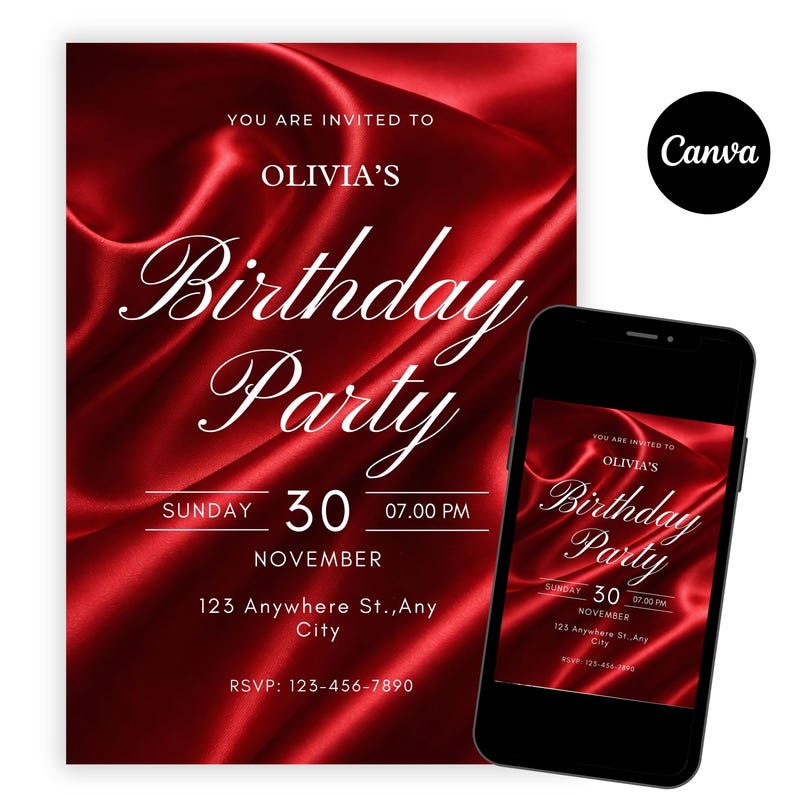 Op de afbeelding: Een rode verjaardagsuitnodiging met witte tekst, inclusief de naam "Olivia's" en de datum. Een smartphone toont dezelfde uitnodiging. Het Canva-logo staat rechtsboven.