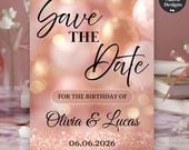 Digital Rose Gold Save the Date Birthday Invitation, Elegant Birthday Dinner Announcement, Editable Canva Template for Instant PDF Download