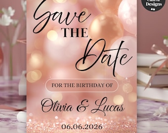 Digital Rose Gold Save the Date Birthday Invitation, Elegant Birthday Dinner Announcement, Editable Canva Template for Instant PDF Download