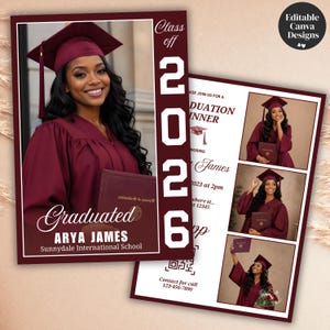 May include: Burgundy graduation announcement featuring a smiling graduate in a cap and gown, holding a diploma. The announcement includes the text "Graduated" and "Arya James, Sunnydale International School." The year "2026" is prominently displayed.