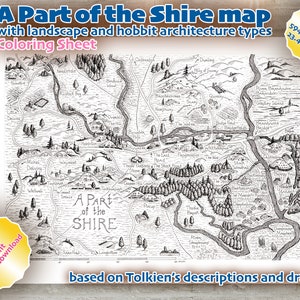 Een deel van de gedetailleerde kaart van de Shire PDF A1-formaat kleurplaat in zwarte of bruine lijntekeningen