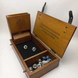 Dice tray with tree and dice tower. Brown dice box. Legend box. Personalized dice storage. Dice tray, dnd critical role