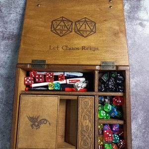 Dice tower set wooden box organizer rpg with sections for storing dice and accessories. Terry type setting personalization of images
