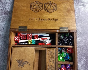 Dice tower set wooden box organizer rpg with sections for storing dice and accessories. Terry type setting personalization of images