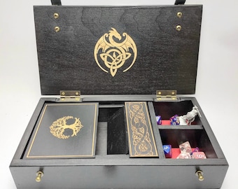 Dice tray Dungeons. Black box with celtic Dragon, dice box RPG box. Dragons Dice Tray rpg Personalized dice storage