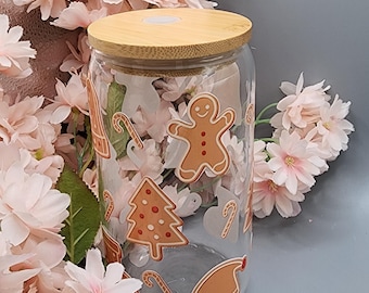 Gingerbread Glass Cup - Christmas Cup - Holiday Cup with Bamboo Lid, Hot/Cold Brew Cup, 16oz Reusable Glass Cup