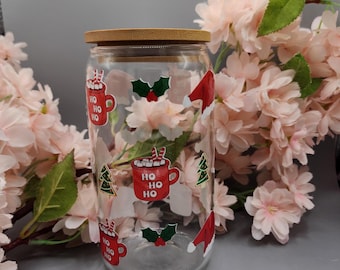 Festive Christmas Glass Cup with Bamboo Lid and Straw - Christmas Cup - Christmas Tumbler