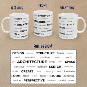 Peut inclure: Mug en céramique blanche avec les mots « DESIGN », « ARCHITECTURE », « CREATE » et « PERSPECTIVE » imprimés. Le mug contient également d'autres mots liés à l'architecture. Le mug est sur une surface brune.