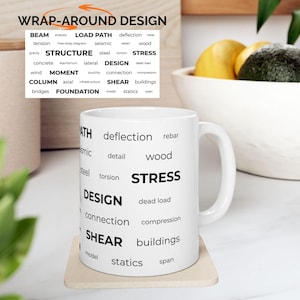 May include: White ceramic mug with a wrap-around design featuring engineering terms such as "stress," "design," and "shear." The mug is on a light-coloured coaster. The words "Wrap-Around Design" are at the top.