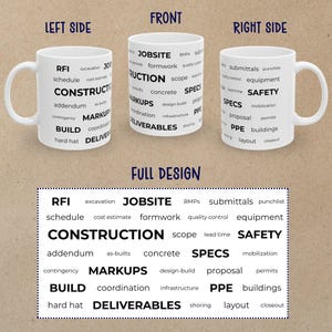 May include: White ceramic mug with black text related to construction. The mug features words like "Construction", "Safety", and "Deliverables". The design is repeated on the front, left, and right sides of the mug.