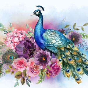Biglietto di auguri Pavone con fiori grande vuoto all'interno - 17,75 x 12,7 cm/7x5" biglietto deluxe con busta marrone, per gli amanti degli uccelli e del giardino
