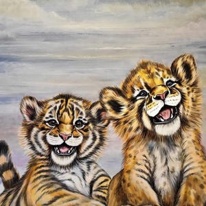 Biglietto di auguri con cuccioli di tigre, grande, vuoto all'interno - 17,75 x 12,7 cm/7x5" biglietto deluxe con busta marrone vuota, perfetto per gli amanti degli animali selvatici