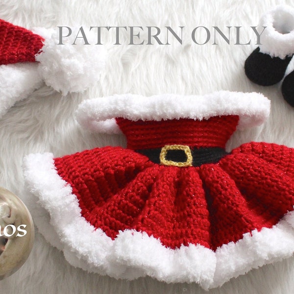 3 to 6 months Christmas Baby Dress, Santa Hat, & Santa Boots Crochet Set PATTERN ONLY - PDF File Instant Download
