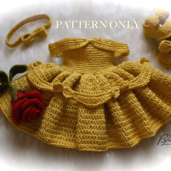 Princess Baby Belle Dress, Headband, & Shoes Crochet Pattern - Size Newborn to 3 month - PATTERN ONLY - PDF File Instant Download