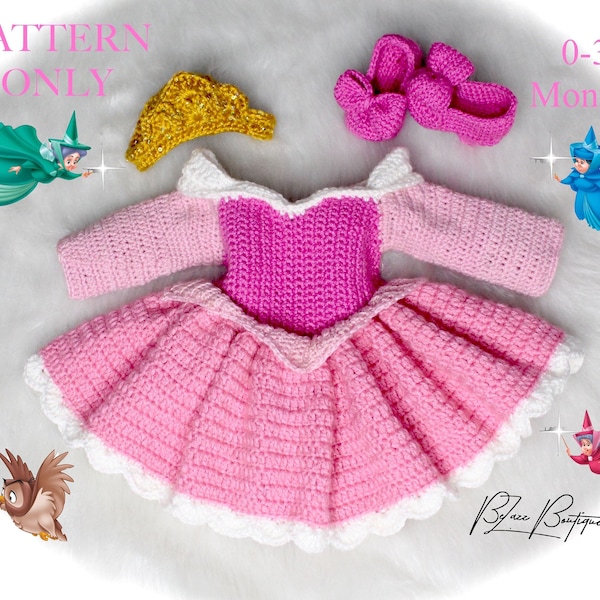 Sleeping Beauty Baby Crochet Set PATTERN ONLY - Dress, Crown Headband, & Heels - Size 0 to 3 month - PDF File Instant Download