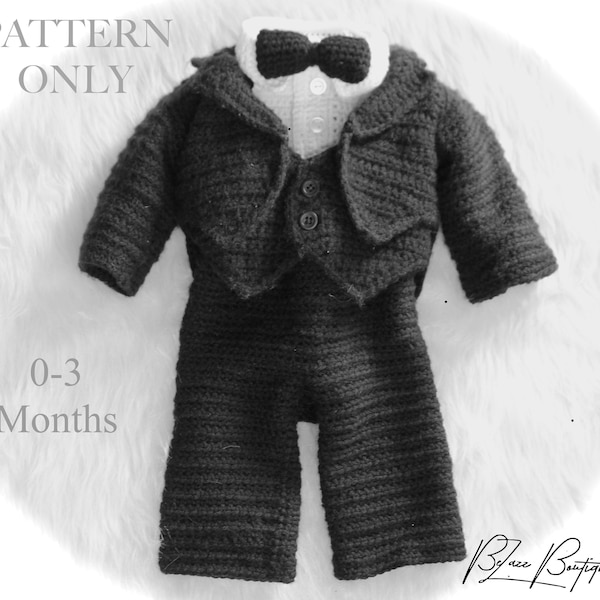 Baby Tuxedo Suit Pattern, Crochet PATTERN ONLY Set - Size 0 to 3 month -  PDF File Instant Download