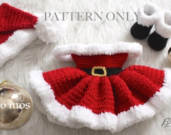 3 to 6 months Christmas Baby Dress, Santa Hat, & Santa Boots Crochet Set PATTERN ONLY - PDF File Instant Download