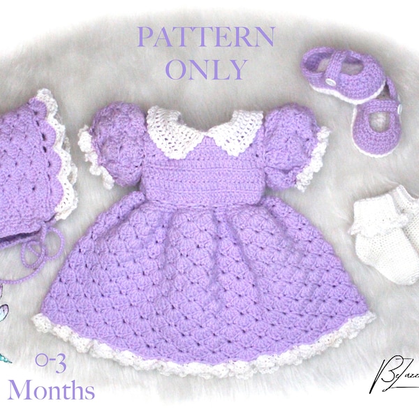 Ensemble robe bonnet pour bébé au crochet MOTIF UNIQUEMENT - Taille du nouveau-né à 3 mois - Fichier PDF à téléchargement immédiat