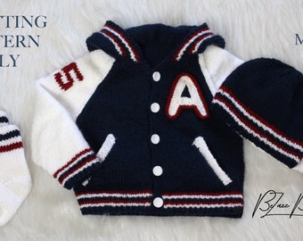 Baby Varsity Letterman School Team Coat with Hood, Pockets, Socks, Hat Kn PATTERN ONLY -Size 0 to 3 month -  PDF File Instant Download