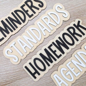 May include: Four wooden signs with the words "REMINDERS", "STANDARDS", "HOMEWORK", and "AGENDA" in black and white lettering. The signs are light beige and arranged on a light wood grain surface.