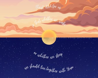 Christ died for us so, Christian Wall Art, Bible Verse, Scripture, Dreamy stars, Moon, Sun, Poster, Colorful, Space Art, 1Thessalonians 5:10