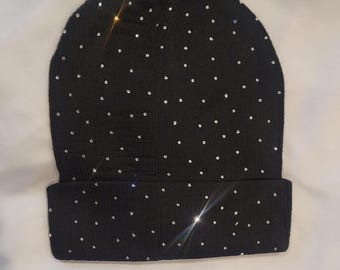 Rhinestone Gemstone Beanie Hat – Sparkle Skull Cap (Black or Red) | Winter Bling Funky Junque Bedazzled Embellished Beanie, Women main image 3