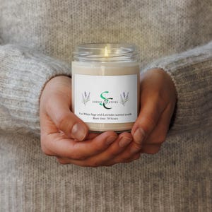 White Sage and Lavender Scented Soy Candle, 9 oz Soy Candle with Lid